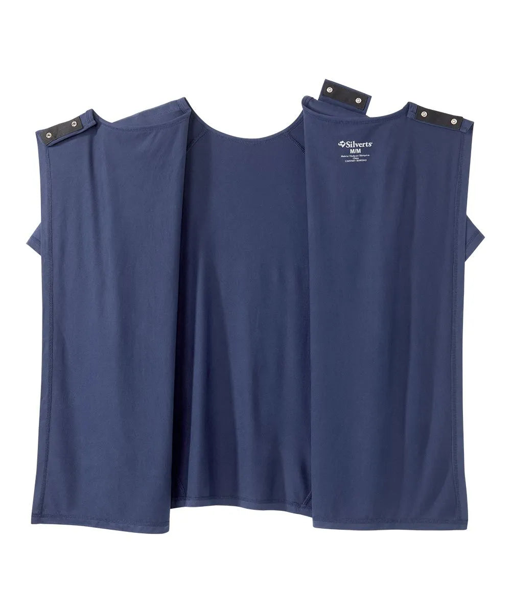 Navy open crew neck t shirt with back closure snaps.