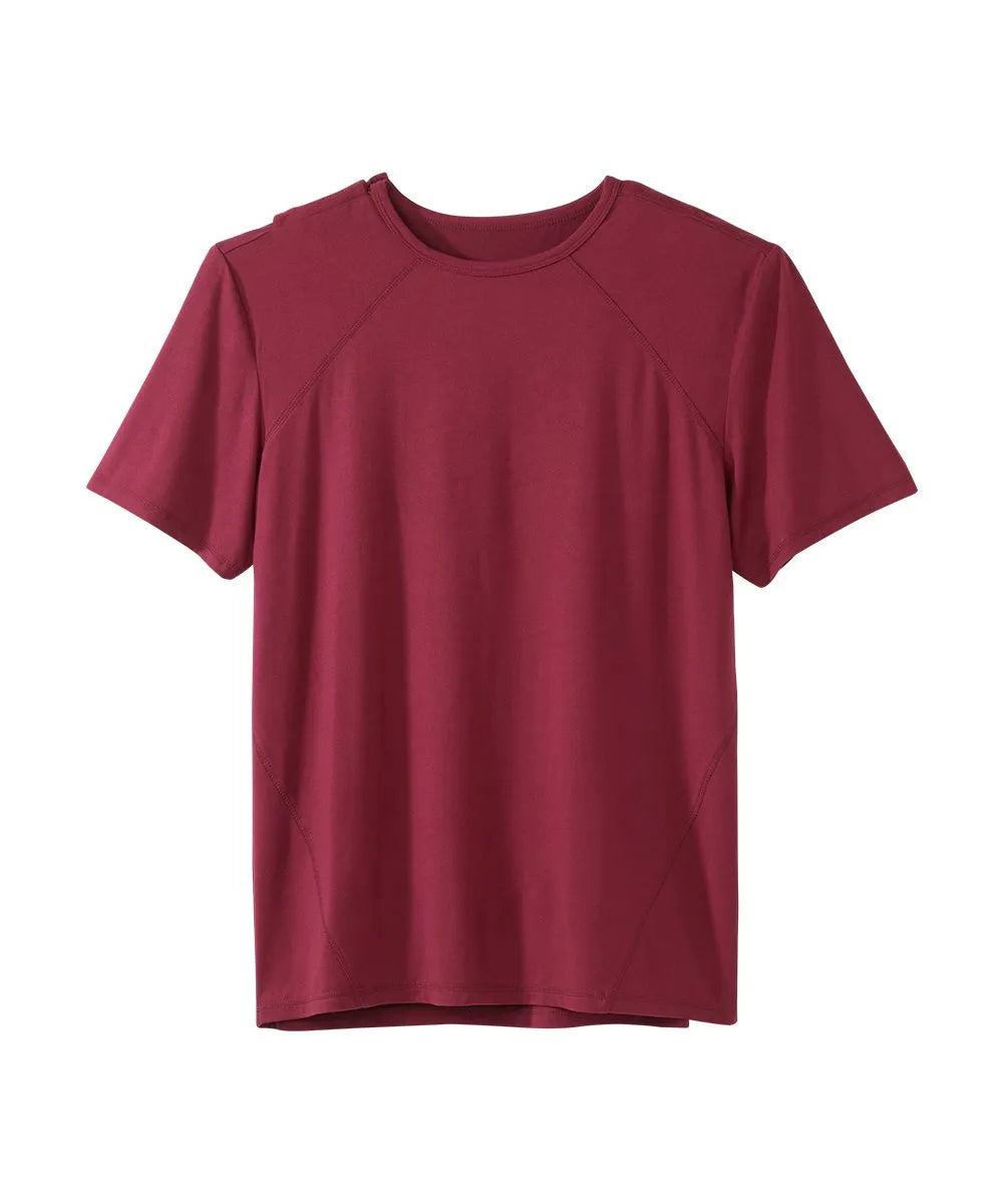 Wine crew neck t shirt with back closure snaps.