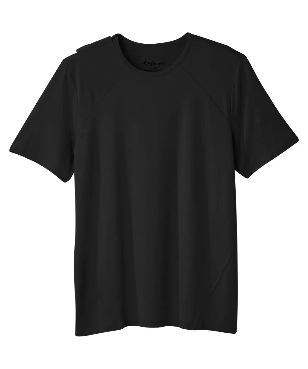 Black crew neck t shirt with back closure snaps.