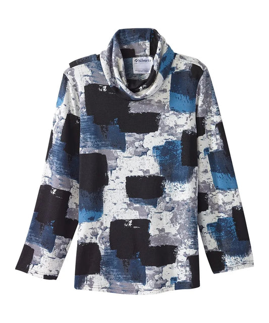 Front of Women's Cowl Neck Top with Back Overlap Blue & Black Abstract