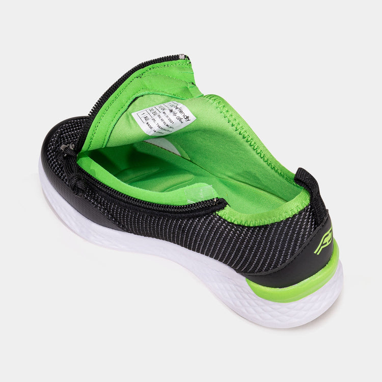 Black kids shoe unzipped with side zipper access and green interior padding.