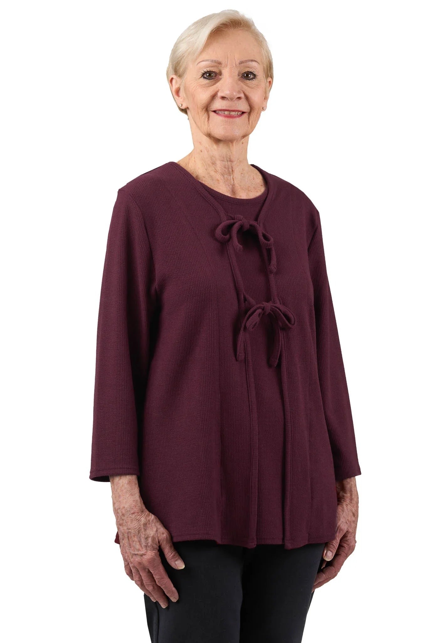 Womens Open-Back Easy Dressing Cable Knit Shirt |Easy-Dress Snap Closure Adaptive Top L / Burgundy | Chloe Womens Open-Back Easy Dressing Cable Knit Shirt |Easy-Dress Snap Closure Adaptive Top L / Burgundy | Chloe