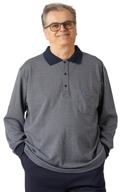 Men’s Adaptive Long Sleeve Back-Opening Jacquard Polo Shirt | Assisted Dressing Snap Closure Top