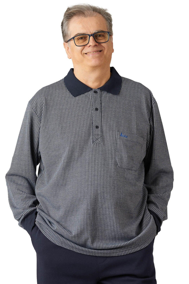 Men’s Adaptive Long Sleeve Back-Opening Jacquard Polo Shirt | Assisted Dressing Snap Closure Top