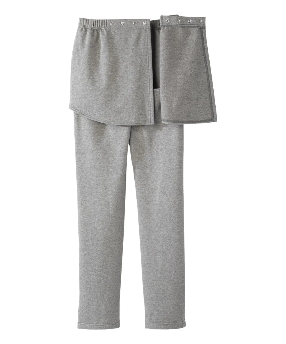 Side view of June Adaptive Men's Open Back Fleece Pants in grey, emphasizing the comfortable fit and adaptive design