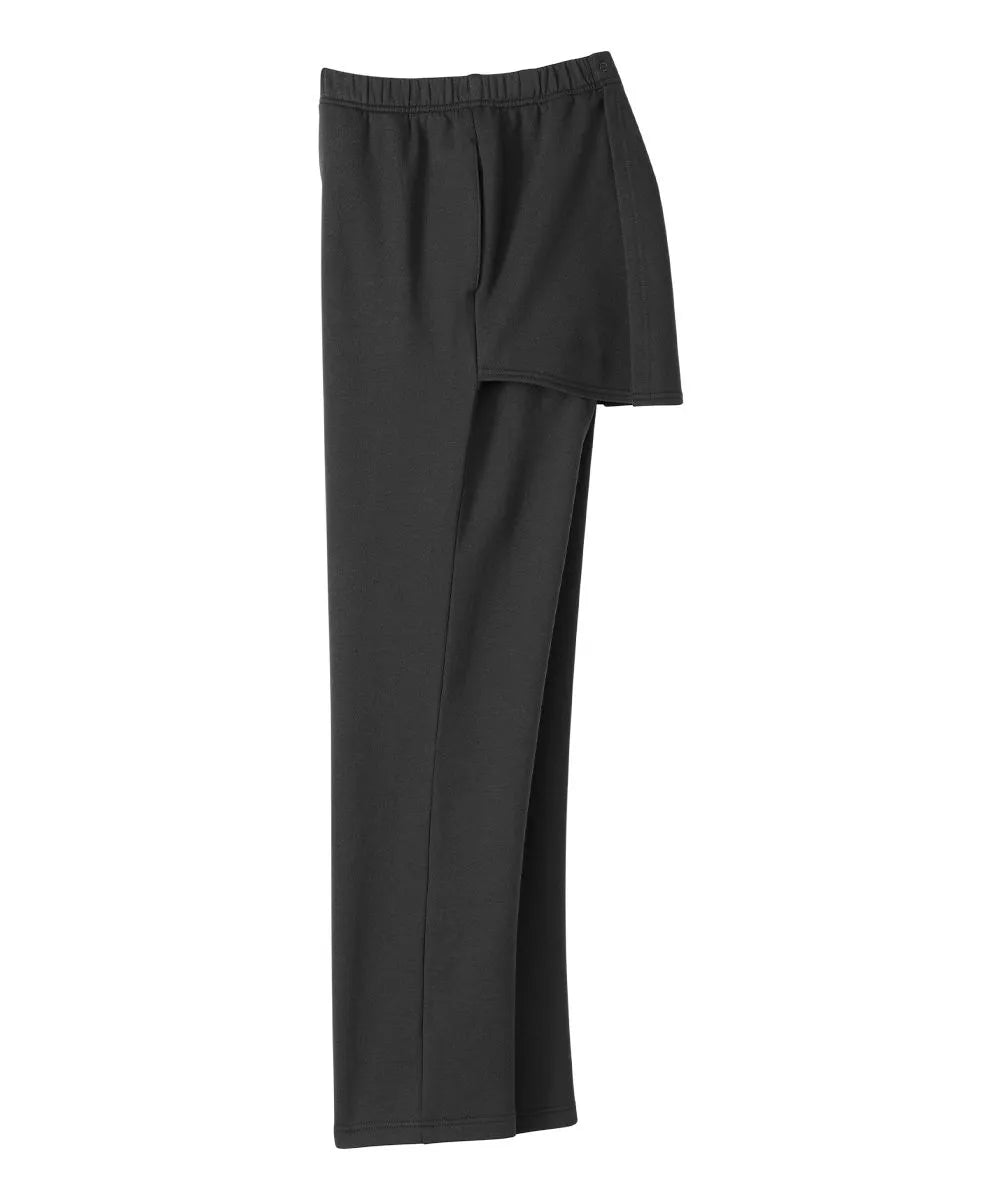 Side view of June Adaptive Men's Open Back Fleece Pants in Black, emphasizing the comfortable fit and adaptive design.