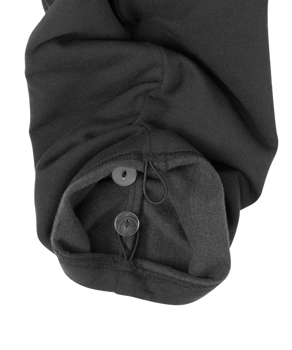 June Adaptive Men's Open Back Fleece Pants in grey, detailed view showing the elasticized waist and adaptive features.