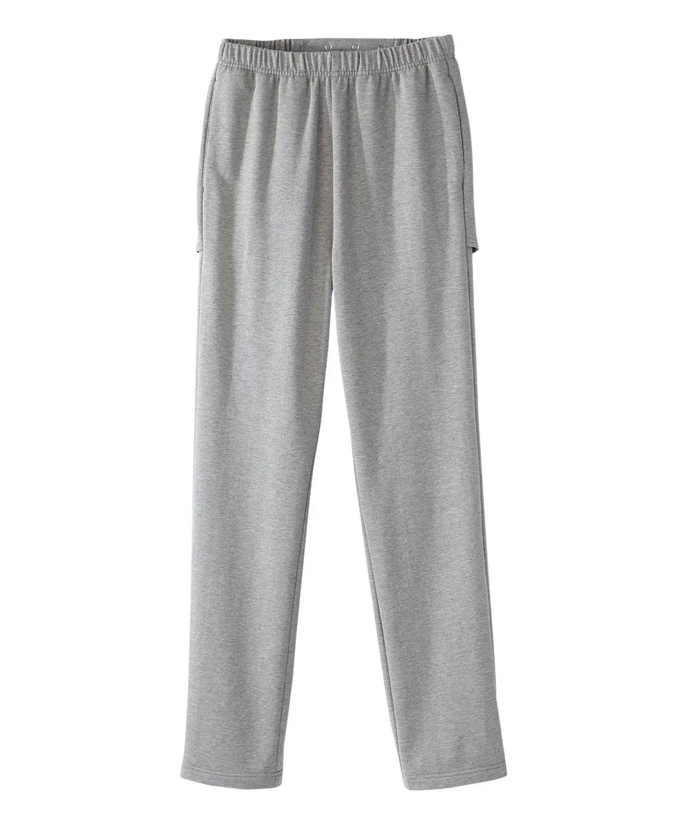 Front view of June Adaptive Men's Open Back Fleece Pants in grey, highlighting the adjustable dome closures and full elasticized waist.