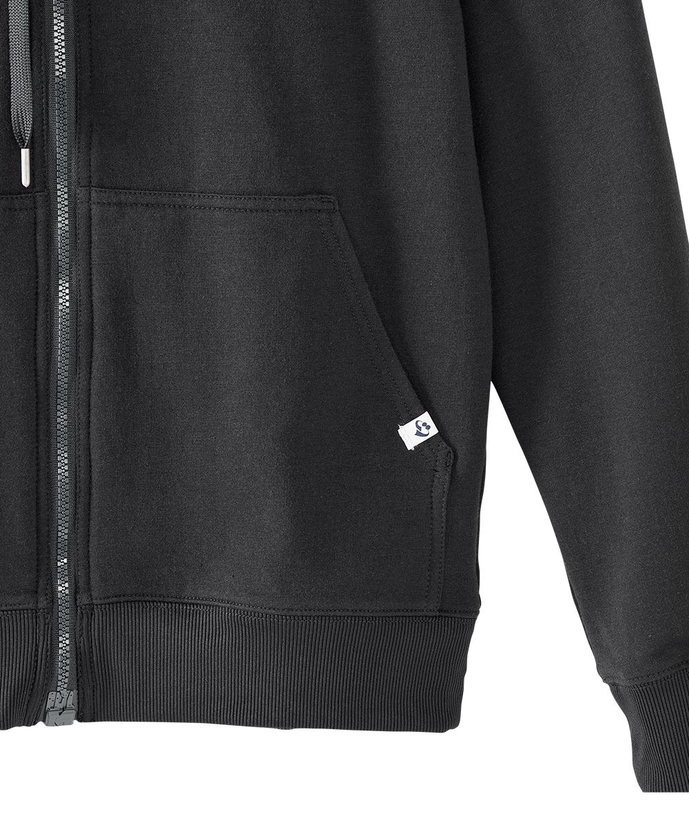 Detail shot of June Adaptive logo on the pocket of Men’s Magnetic Zipper Hoodie in Black