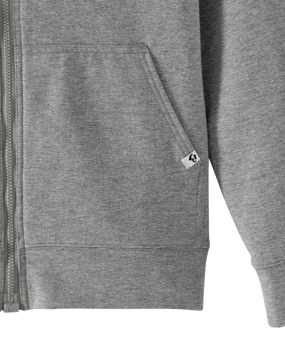 Detail view of the June Adaptive logo on the side pocket of the Gray Magnetic Zipper Hoodie.