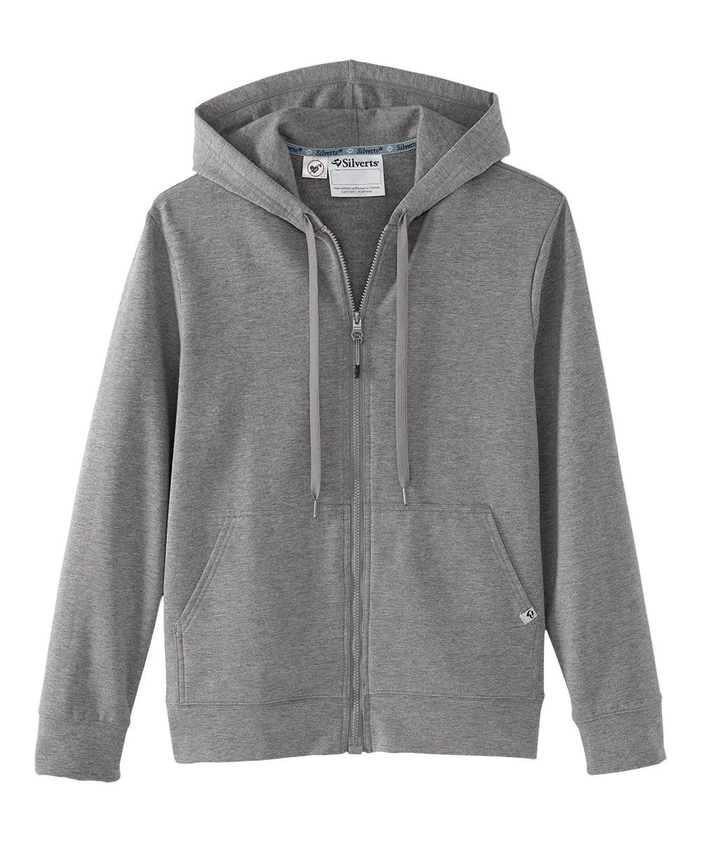 Front view of June Adaptive Men’s Magnetic Zipper Hoodie in Gray, featuring zipper and pockets.