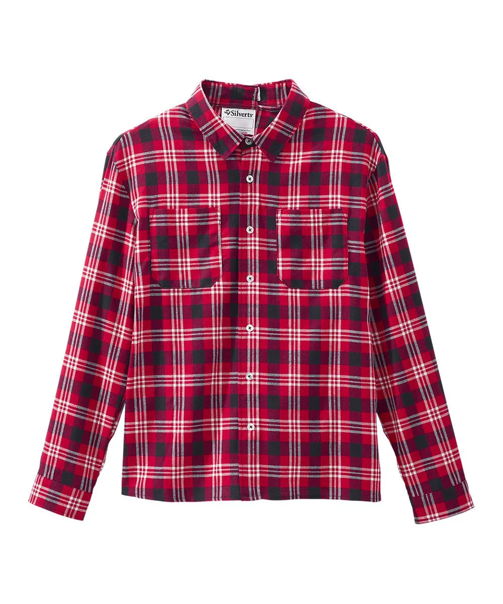 Men's Open Back Flannel Shirt in red and black plaid pattern, front view
