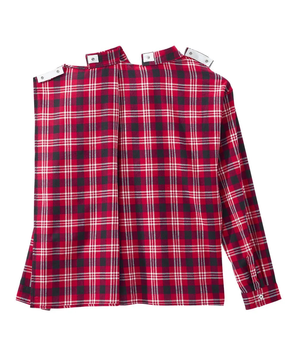 Men's Open Back Flannel Shirt in red and black plaid pattern, partially opened back view