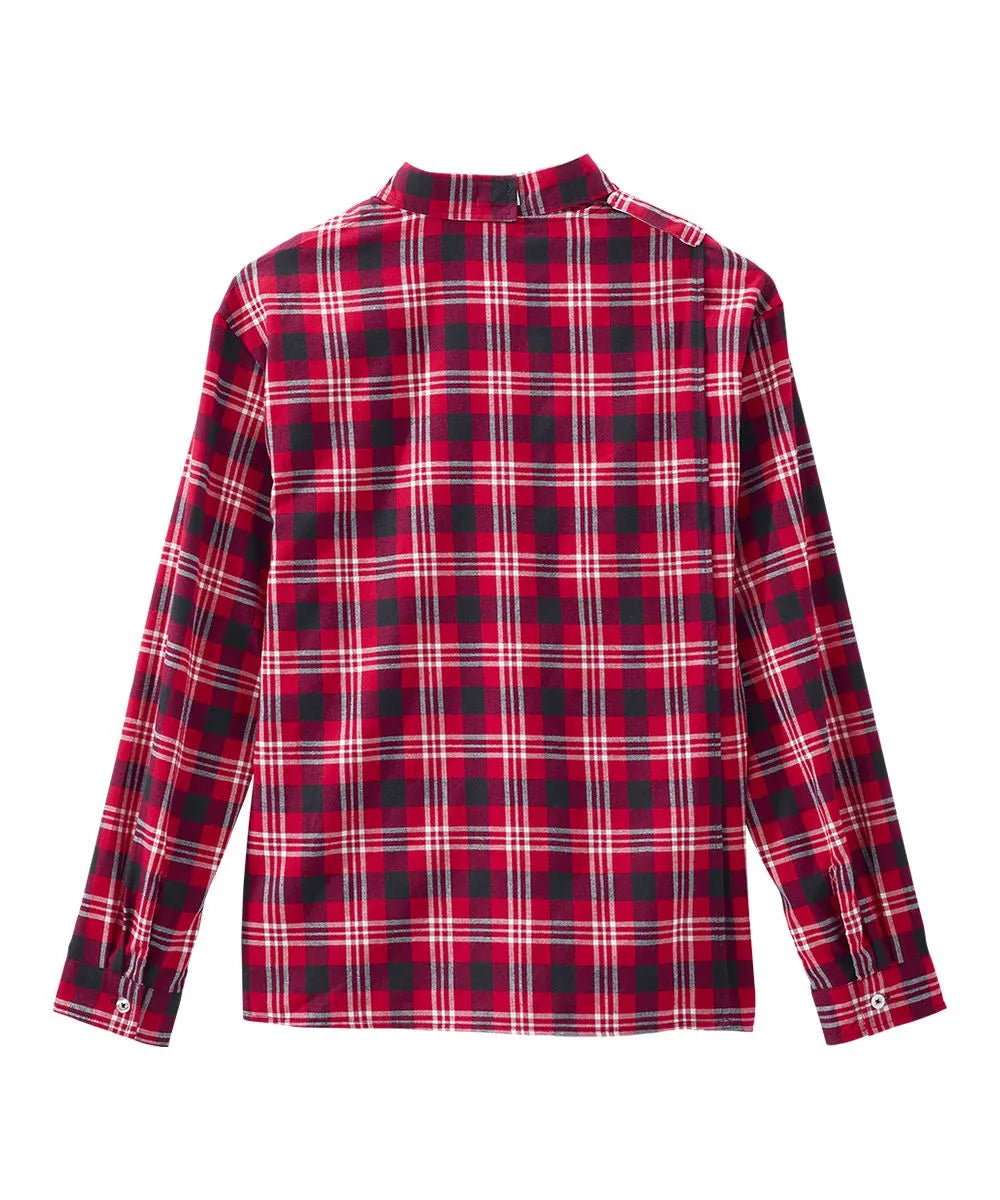 Men's Open Back Flannel Shirt in red and black plaid pattern, back view showing snap closures