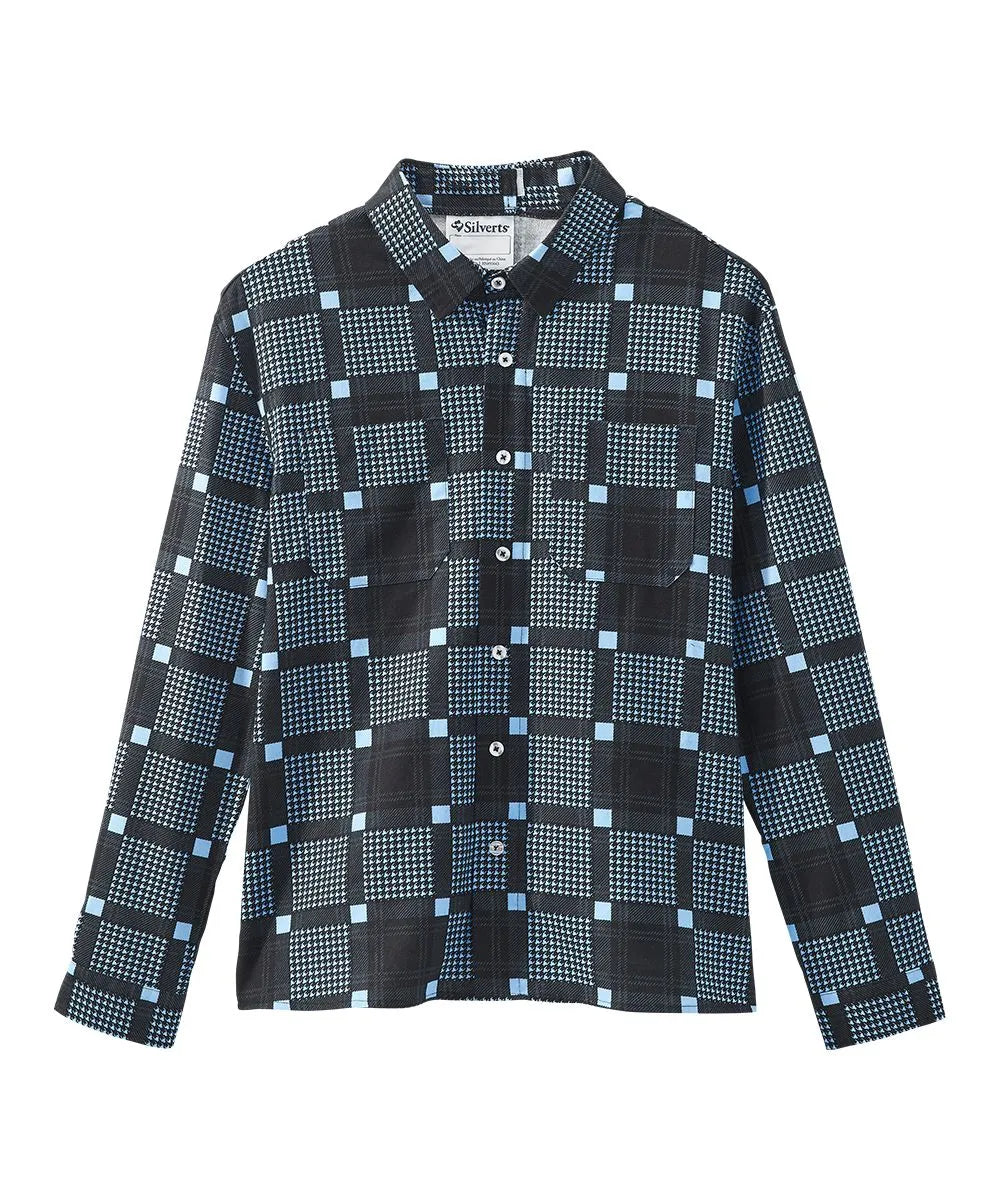 Men's Open Back Flannel Shirt in black and blue checkered pattern, front view