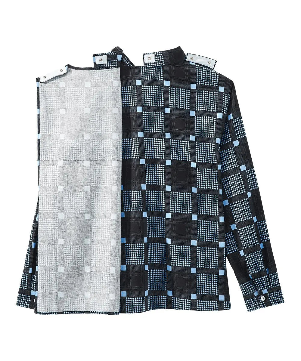  Men's Open Back Flannel Shirt in black and blue checkered pattern, partially opened back view