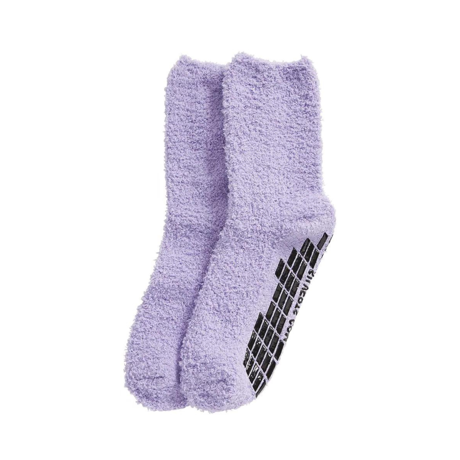 A pair of lavender fuzzy socks standing upright, featuring a non-slip design