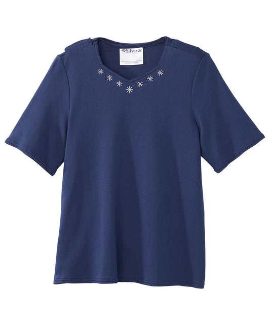 Women's Navy Diamond neck tee with back overlap front 