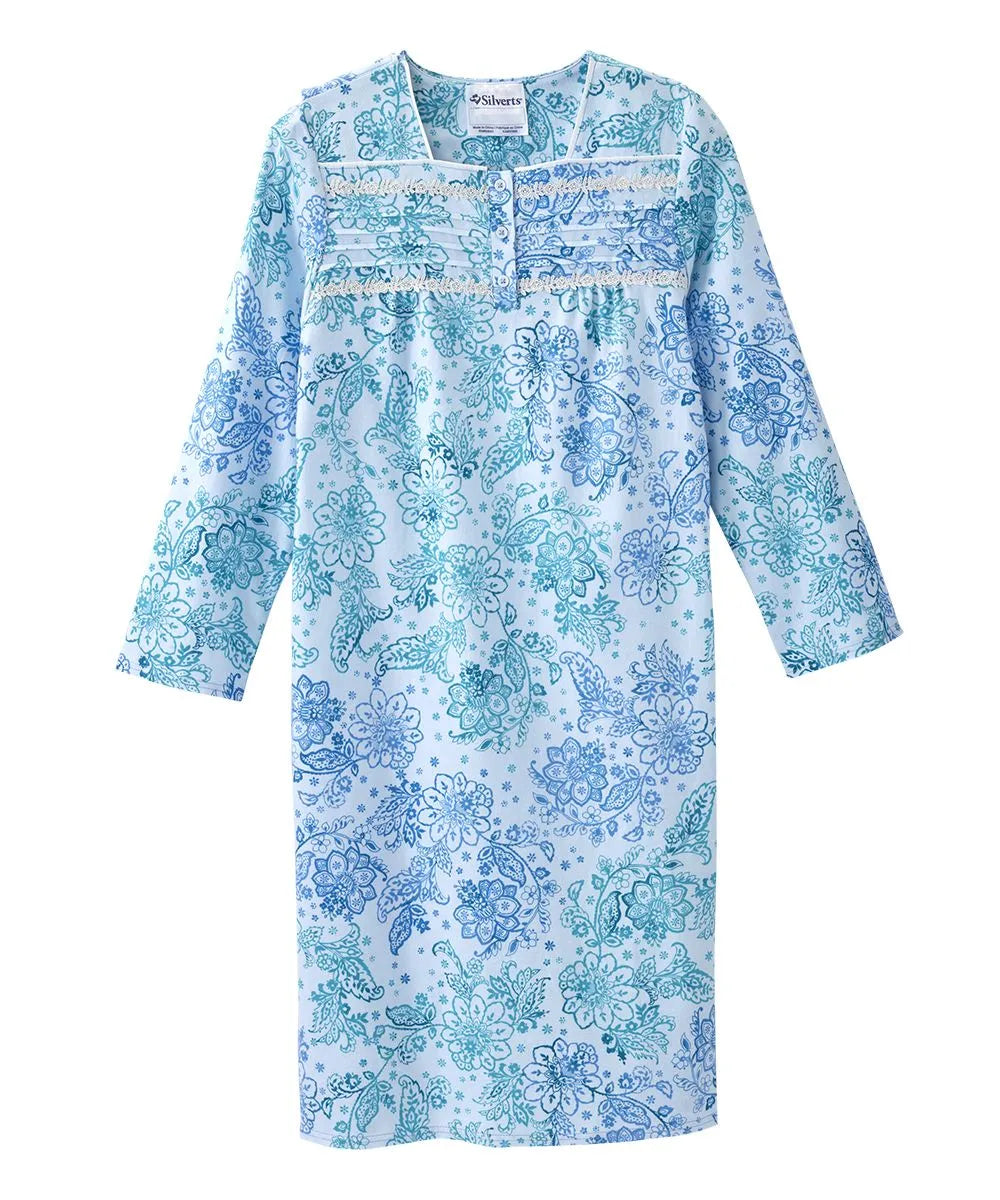 Front view of June Adaptive Women's No Peek Open Back Flannel Nightgown in blue floral pattern, highlighting the lace and pleated details on the chest.