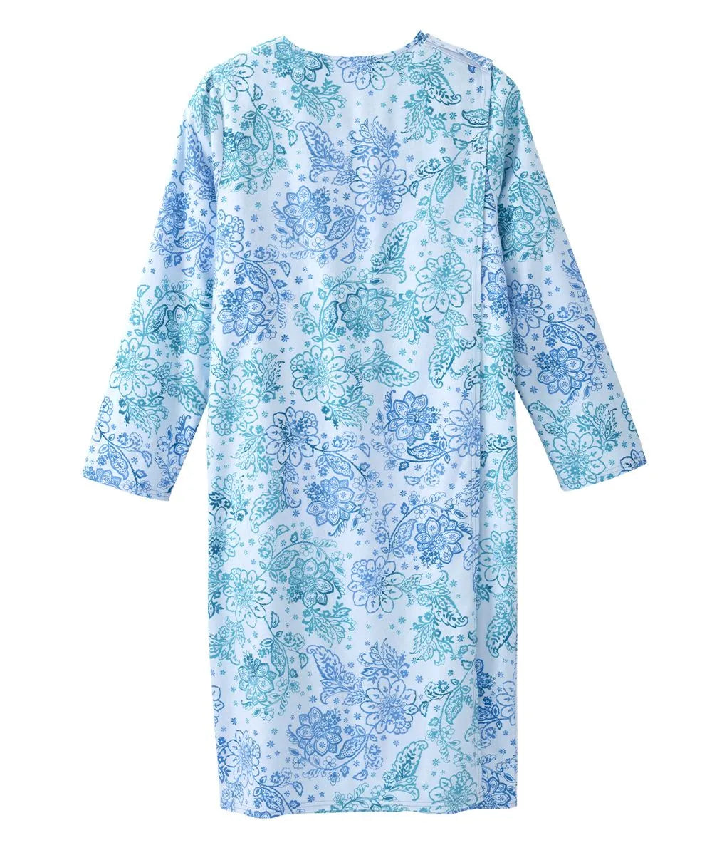 Back view of June Adaptive Women's No Peek Open Back Flannel Nightgown in blue floral pattern, showcasing the full length and long sleeves.