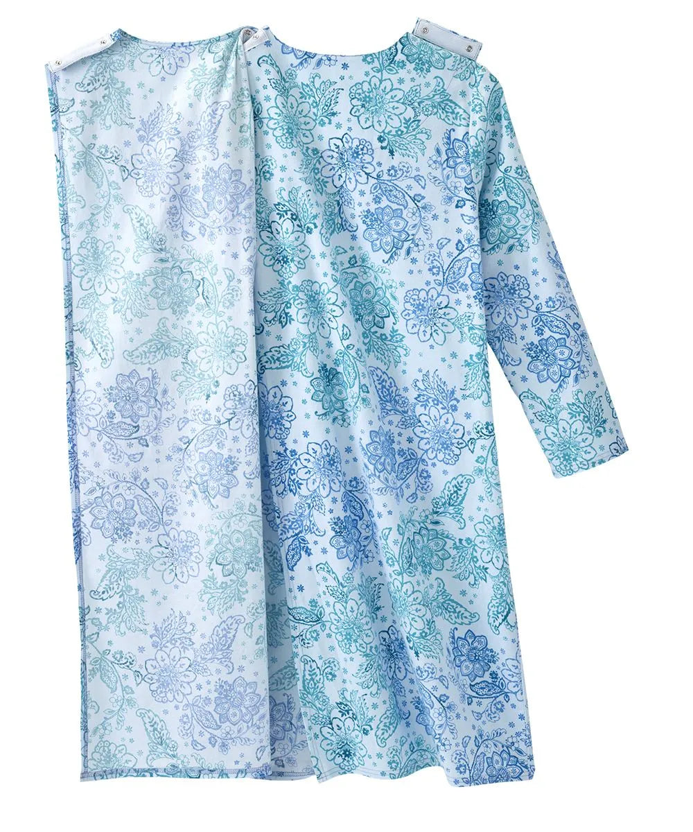 Open side view of June Adaptive Women's No Peek Open Back Flannel Nightgown in blue floral pattern, demonstrating the easy-open design for accessibility