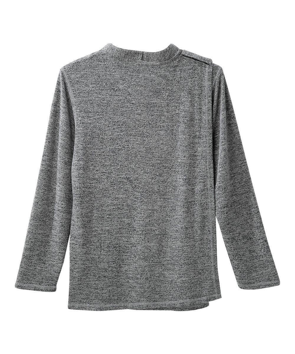 Closed back view of Black Heather Men's Long Sleeve Henley Shirt with Back Overlap