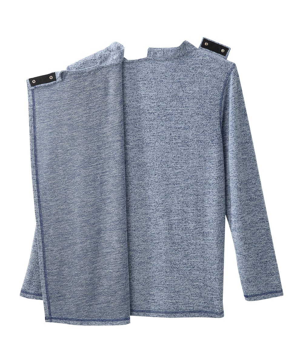 Half Opened Back view of River Heather Men's Long Sleeve Henley Shirt with Back Overlap