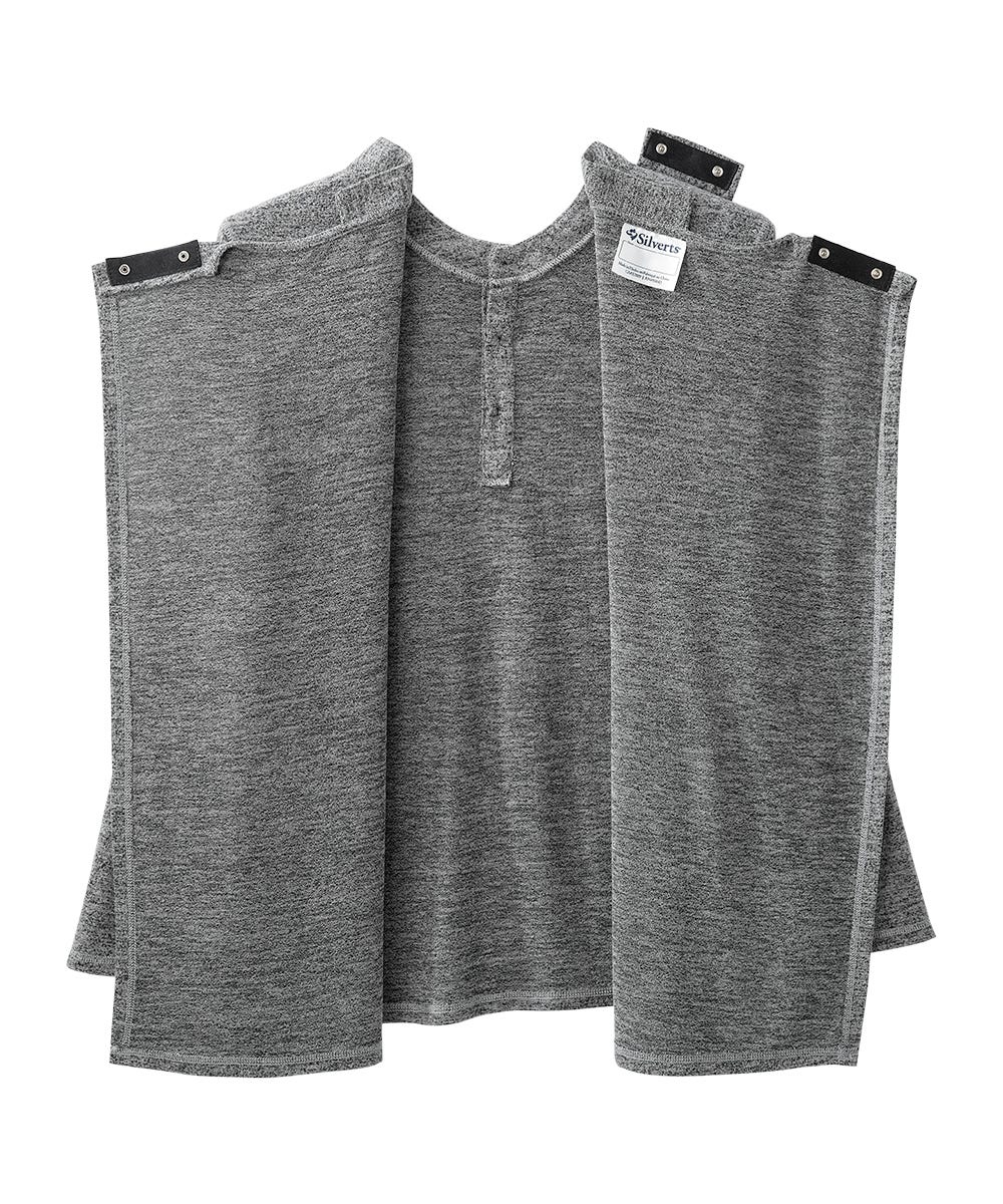 Opened back view of Black Heather Men's Long Sleeve Henley Shirt with Back Overlap