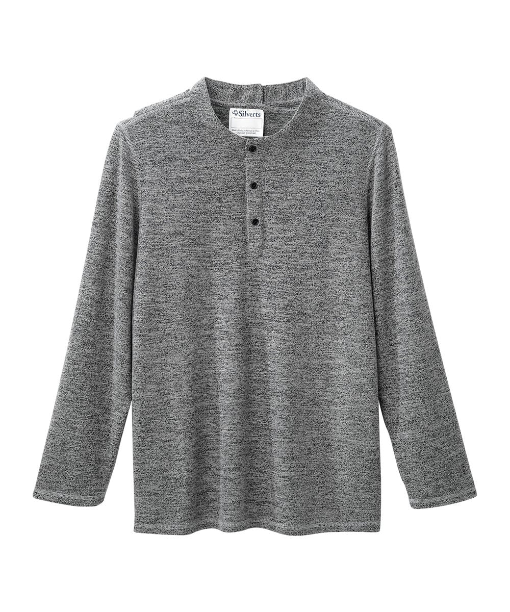 Front view of Black Heather Men's Long Sleeve Henley Shirt with Back Overlap