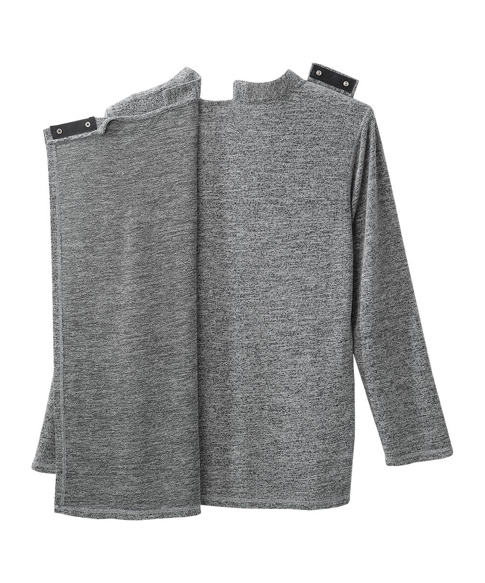 Semi opened back view of Black Heather Men's Long Sleeve Henley Shirt with Back Overlap