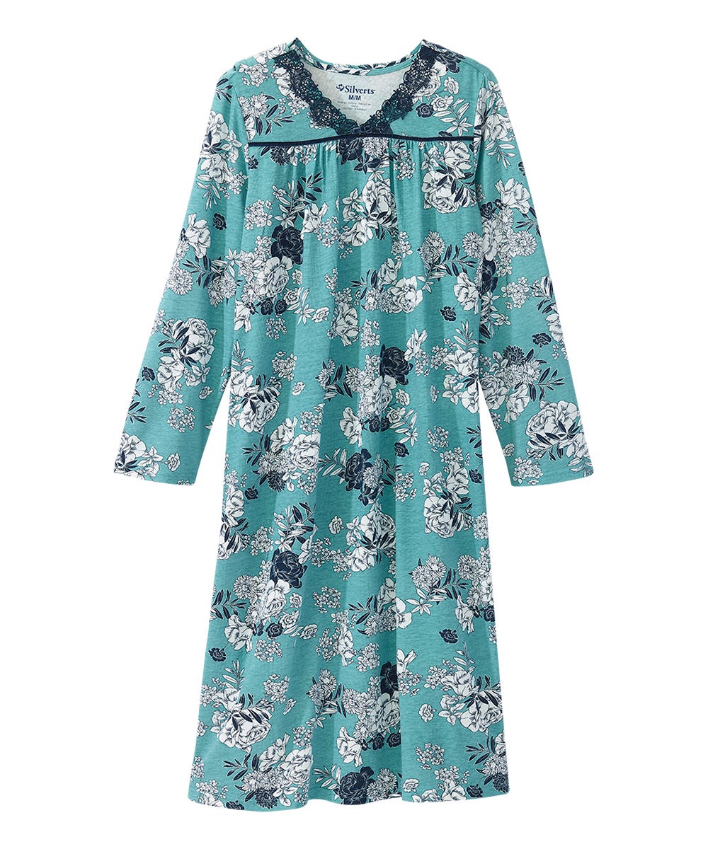 Women's Lace Trim Nightgown with Back Overlap aqua front