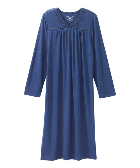 Women's Lace Trim Nightgown with Back Overlap blue front