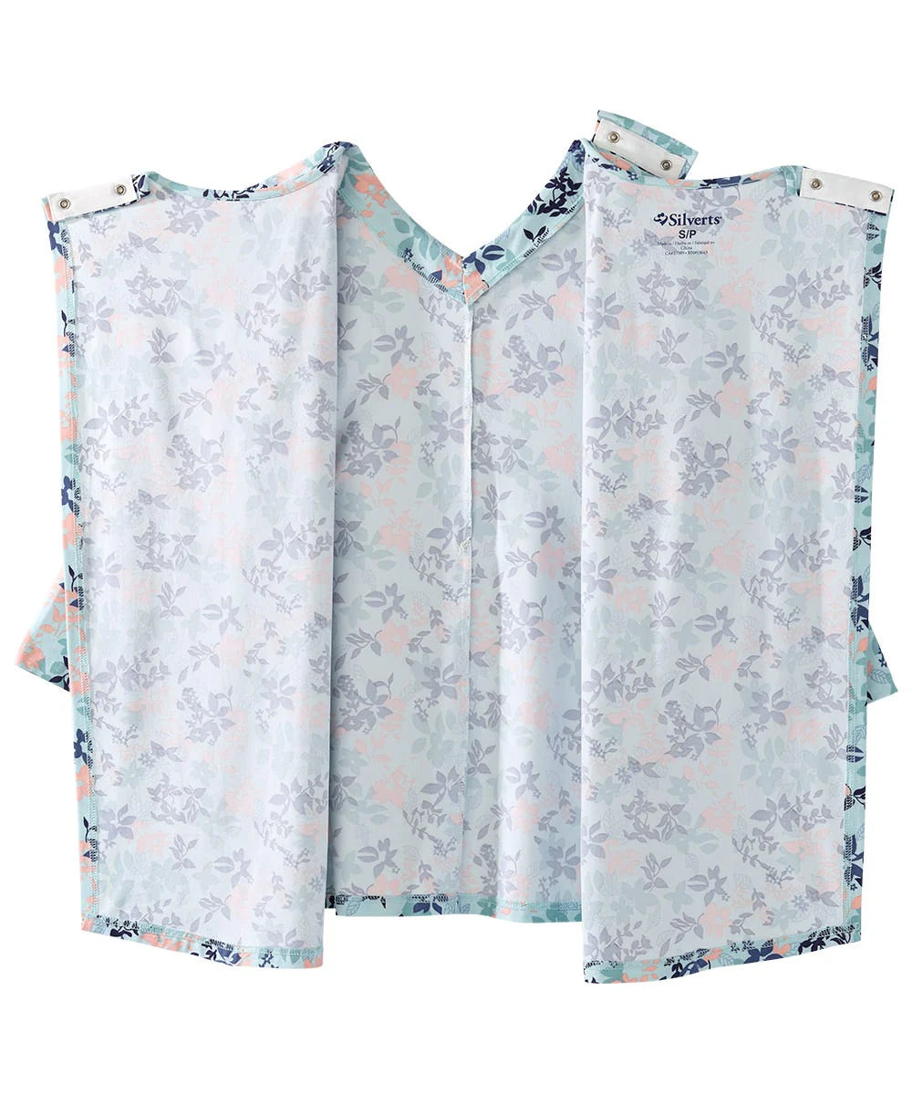 Women's Faux Button Top with Back Overlap Aqua Garden Open Back