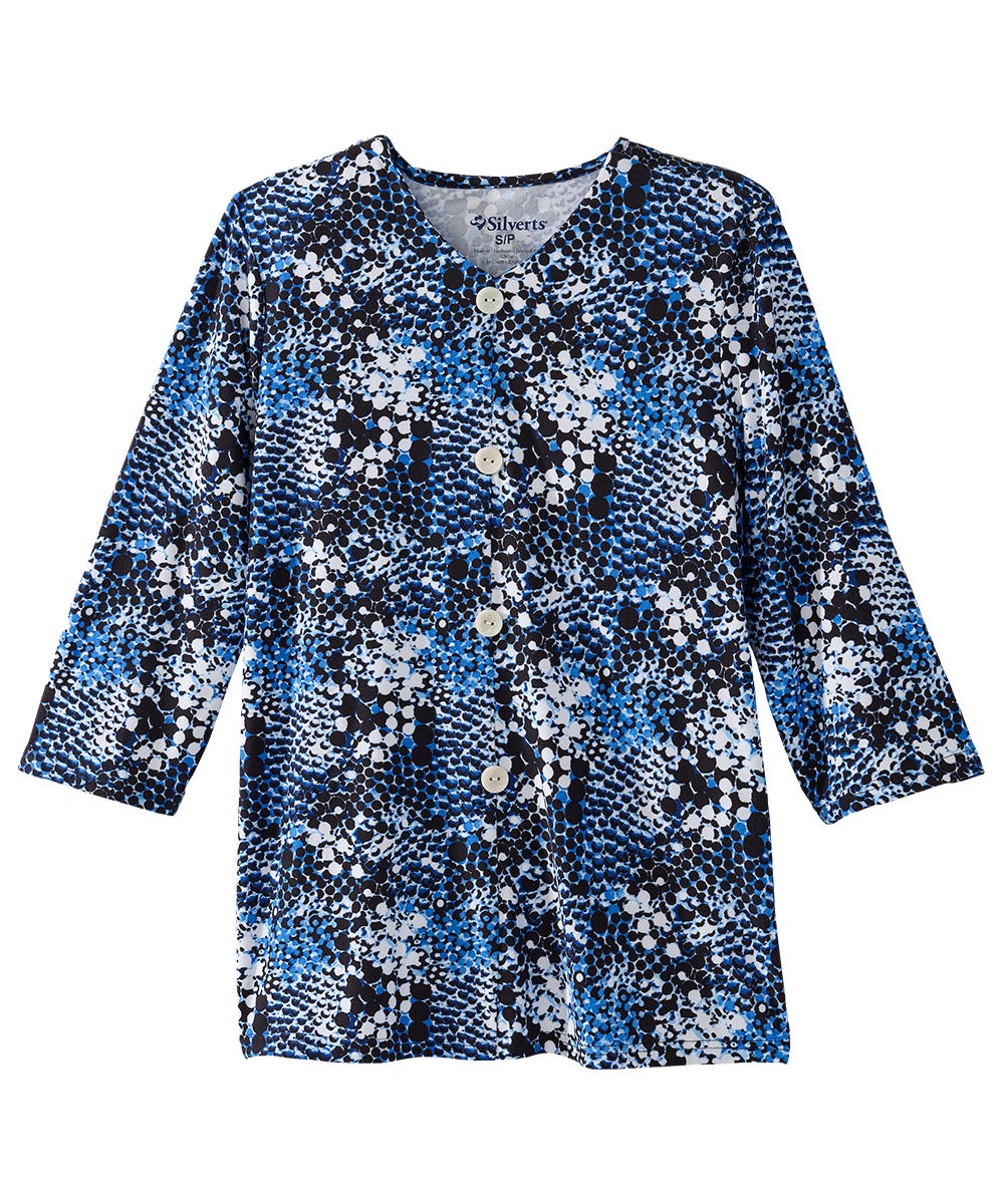 Women's Faux Button Top with Back Overlap Blue Bubble front