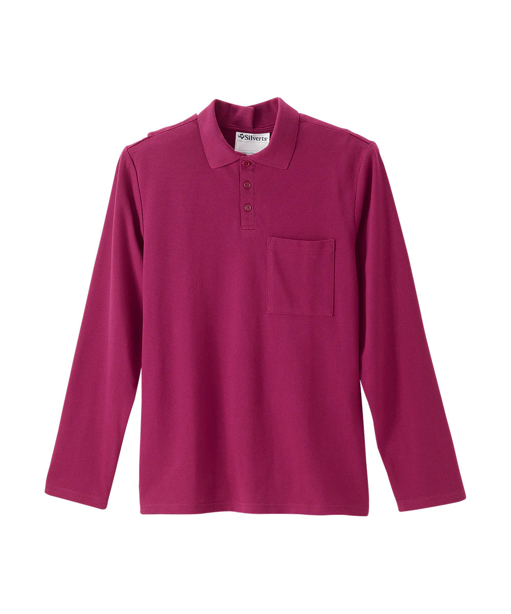 front of men's polo shirt in cranberry