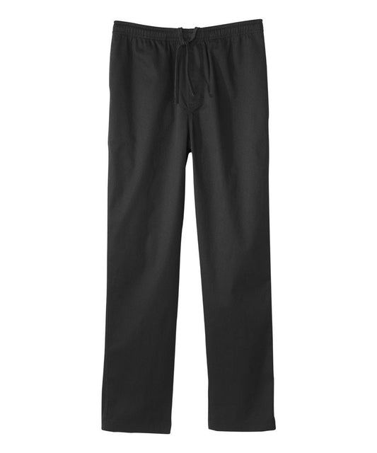 Men’s full length black cotton pants with elastic waist and drawstring at front