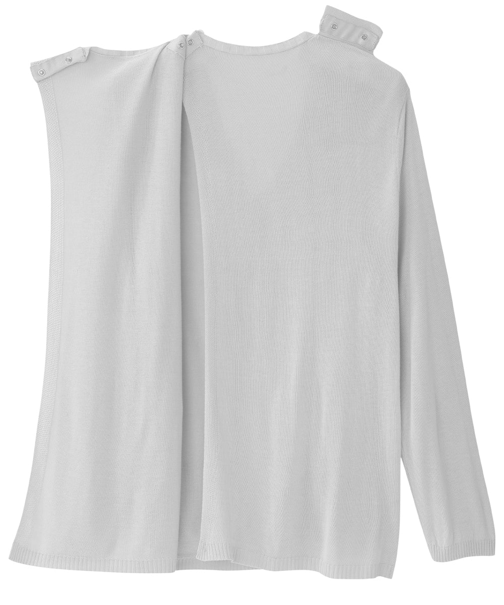 White knit cardigan with snap closures on shoulders