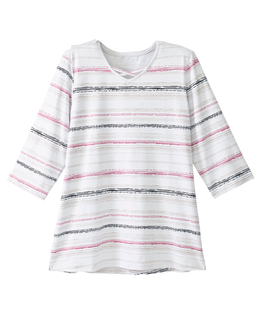 Women’s white striped elbow length top with back overlap and criss cross detail in front.