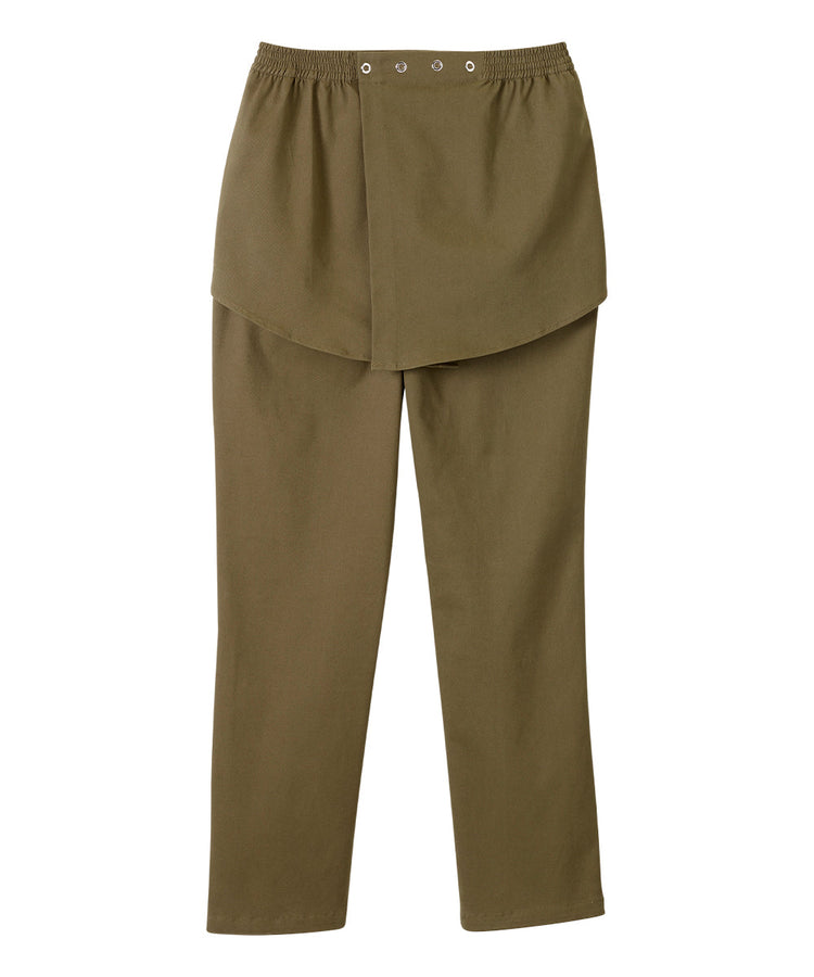 Back of olive pants feature an open back secured with four snap closures at waistband