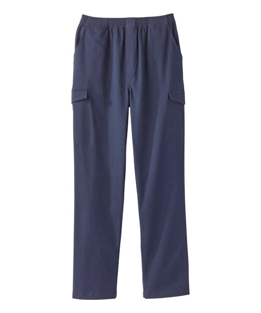 Men's pull on navy cargo pants with elastic waist and four pockets