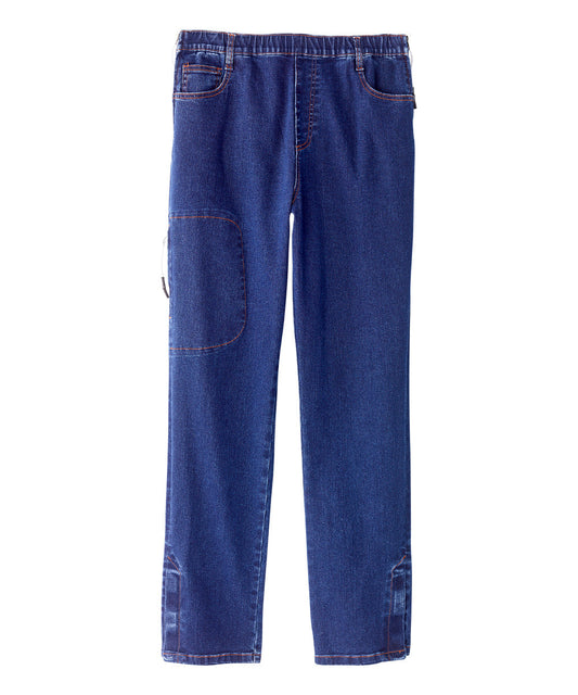 Stretchy blue denim jeans with elastic waist and short zippers along either side of waist