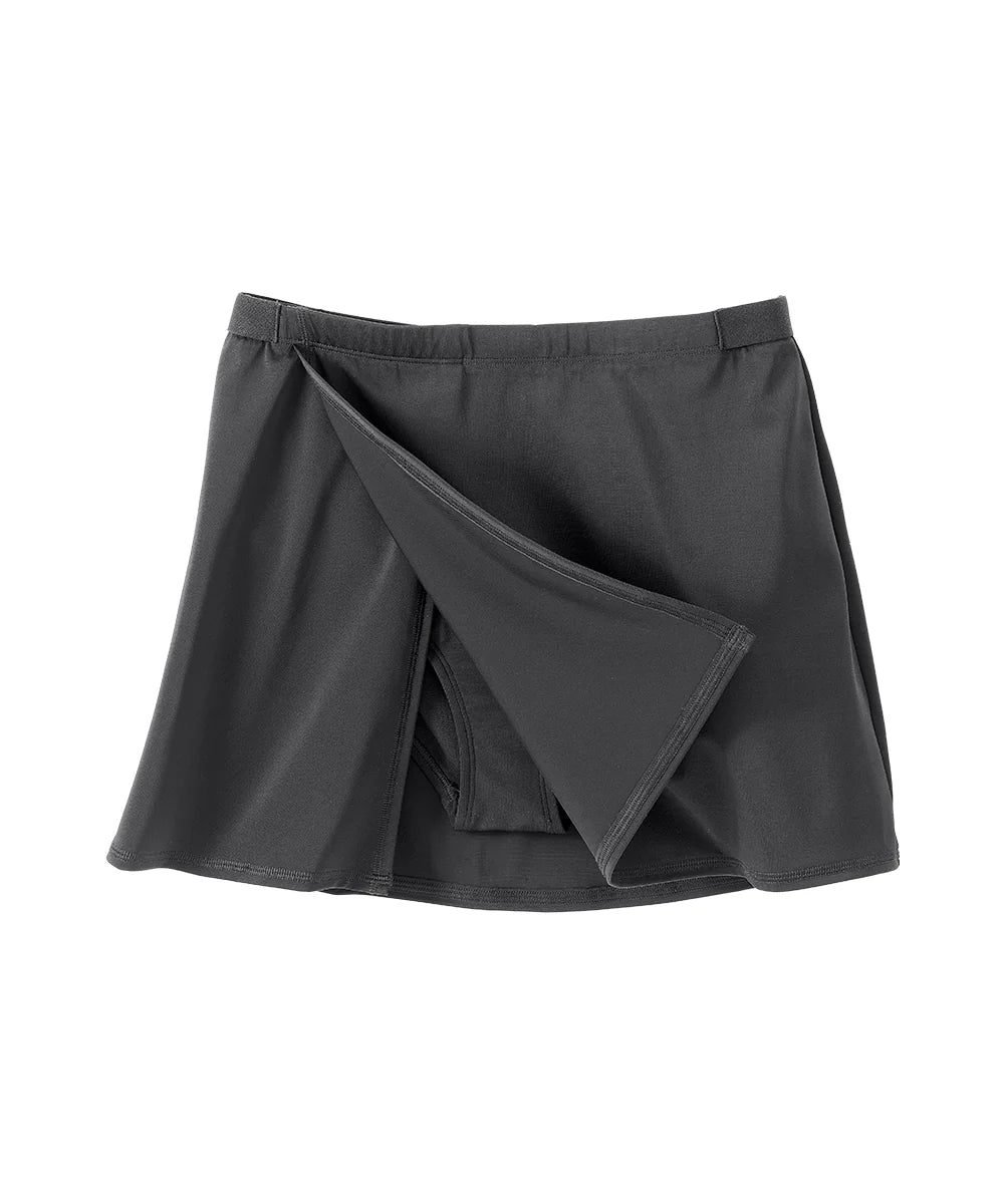 women's black swim skirt open displaying built in bottoms 