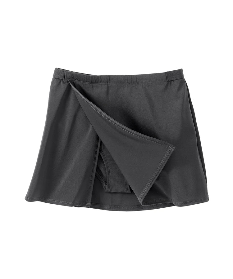 women's black swim skirt open displaying built in bottoms 