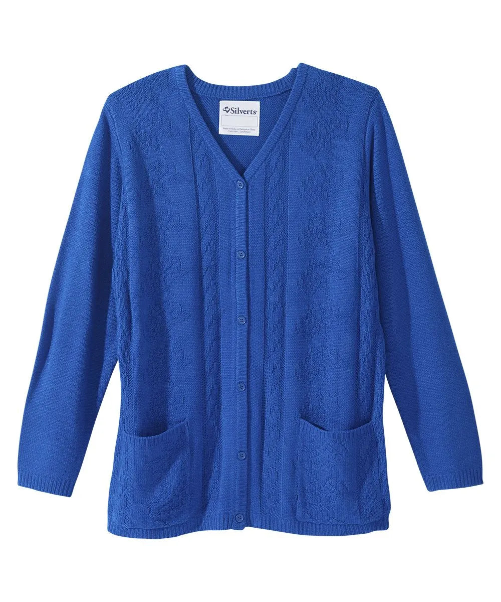 Front view of June Adaptive Women's Cardigan in Royal Blue with button closure and detailed texture.