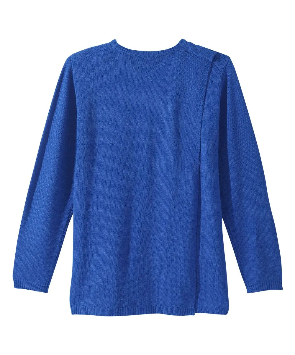 Back view of June Adaptive Women's Cardigan in Royal Blue, highlighting open back and comfortable fit.