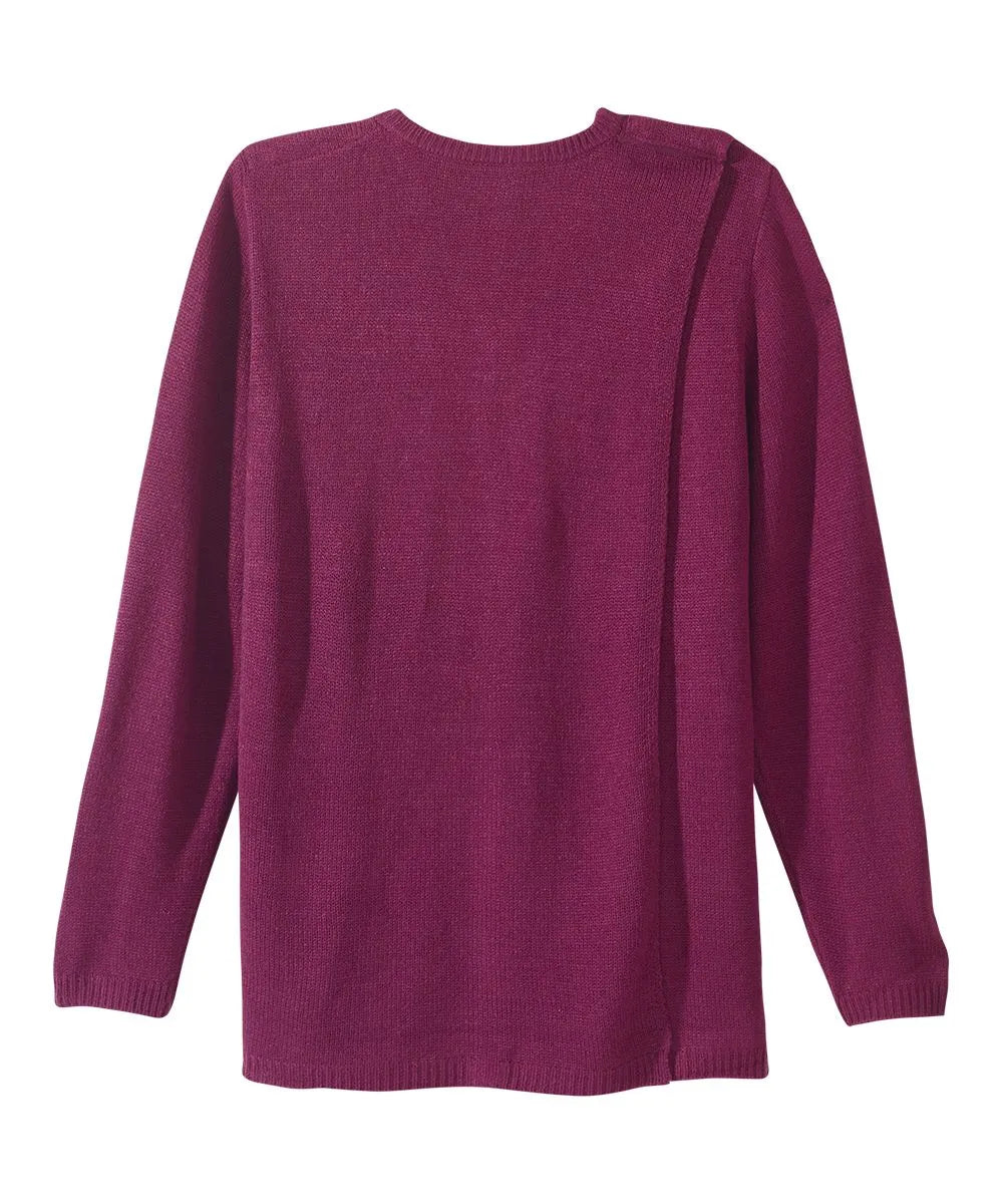 Back view of June Adaptive Women's Cardigan in Wine, highlighting open back and comfortable fit.