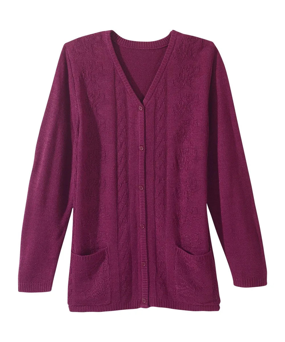 Front view of June Adaptive Women's Cardigan in Wine with button closure and detailed texture.