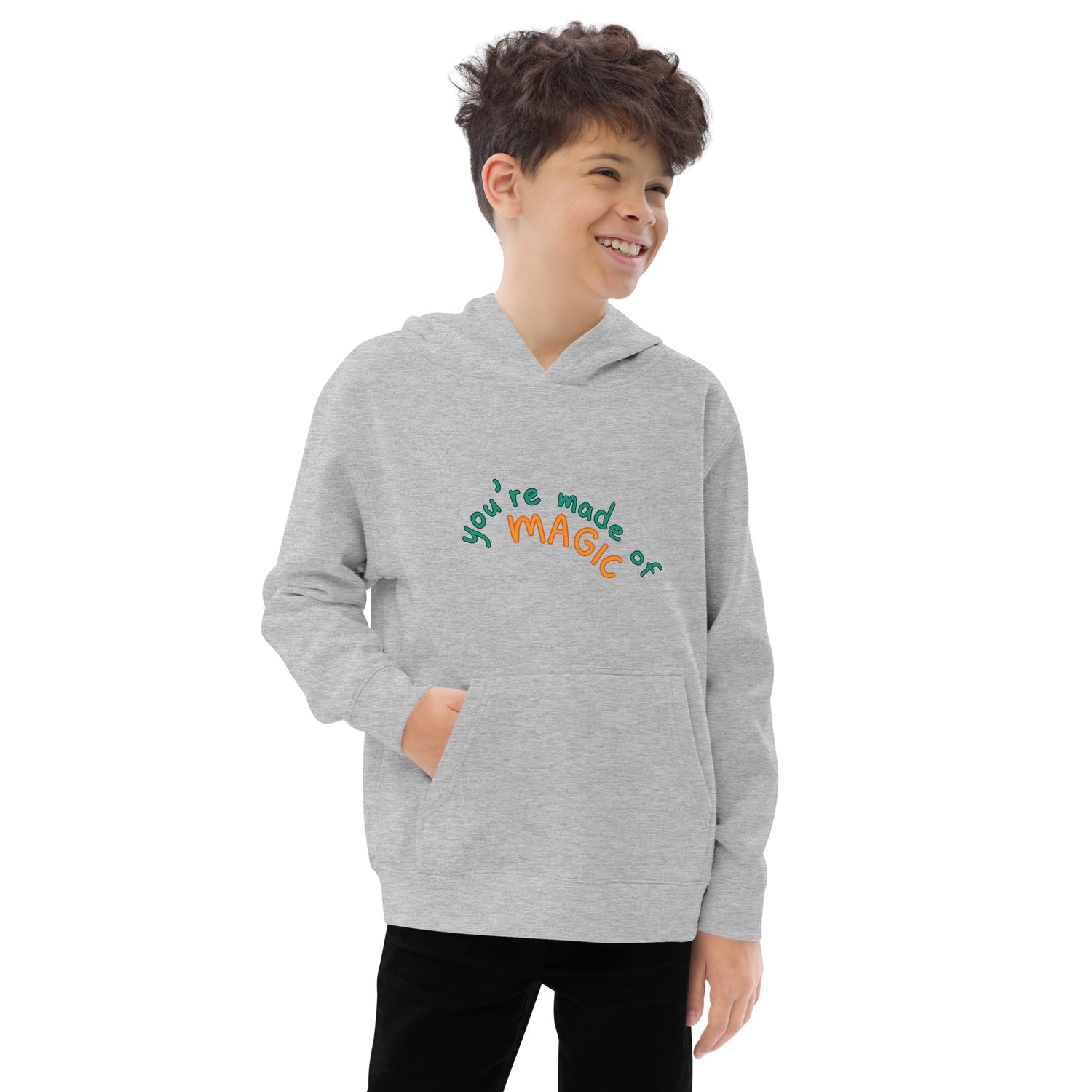 Grey Kidswear hoodie featuring a " you're made of Magic" design with pockets at front.