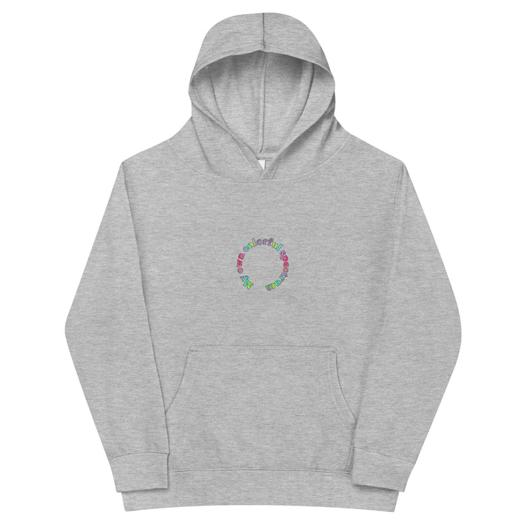 Grey  Kidswear hoodie featuring a "My own colorful spectrum" design with pockets at front.