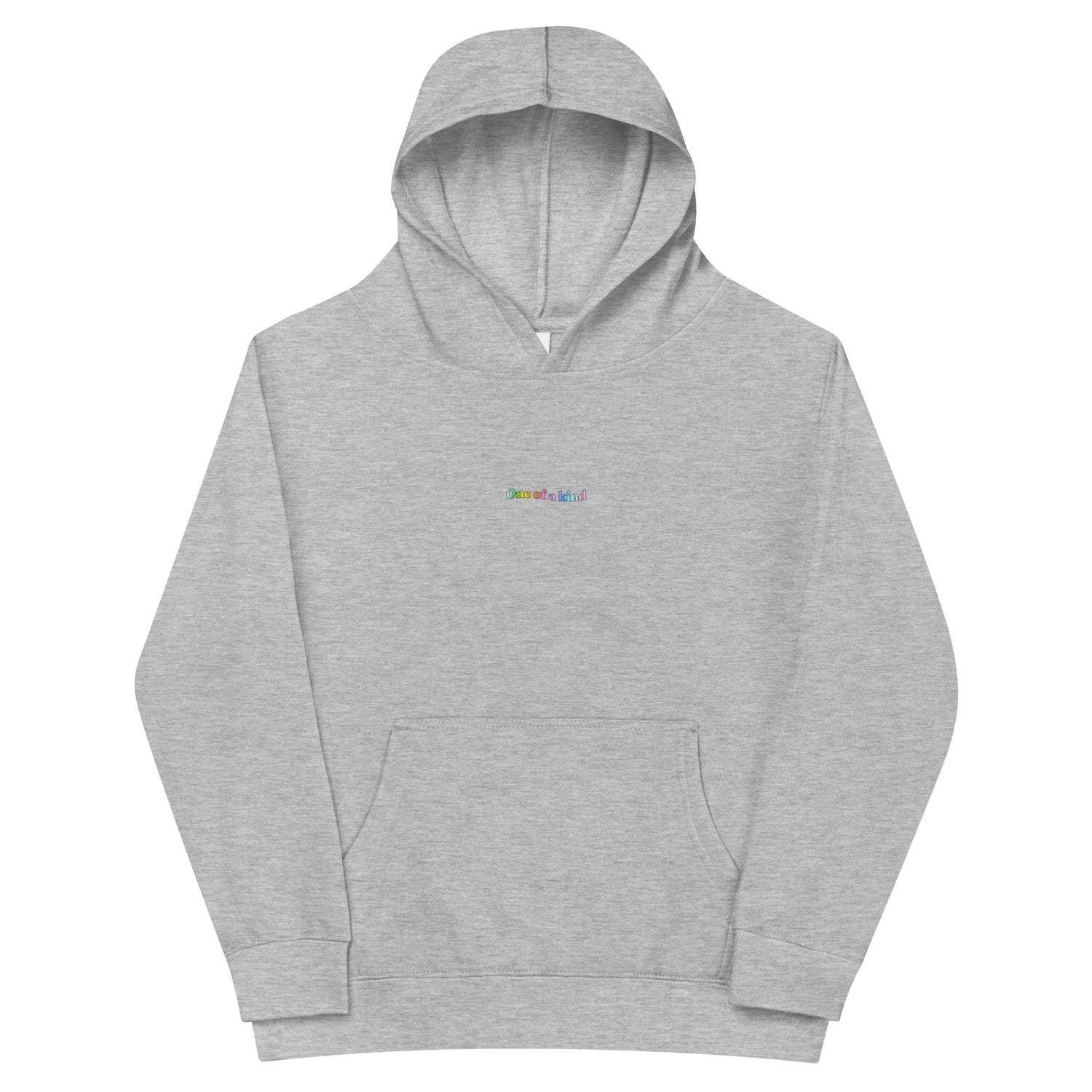 Grey Kidswear hoodie featuring "One of a kind" design with pockets at front.
